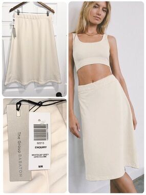 NWT Aritzia Babaton Enquiry Skirt Midi Length Whitecap Grey Cream Size Medium